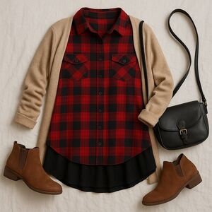 Beach Lunch Lounge Plaid Mixed Media Tunic Top Red Black Hi Low Sz Small